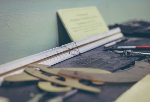 Desk containing drawing tools