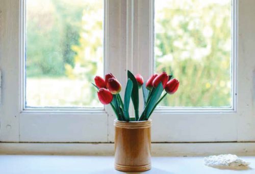 Red flowers in a brown vase