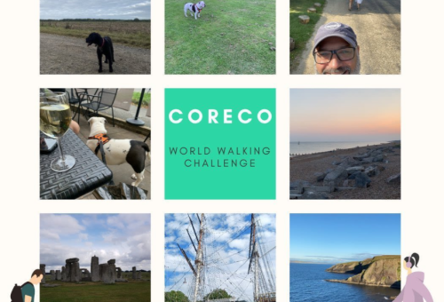Collage of outdoor walking photos with the Coreco logo
