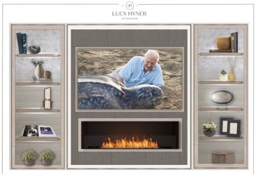 Interior design mood board featuring a fireplace