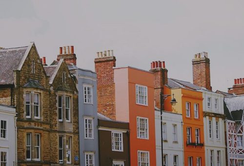 Row of colourful terraced townhouses
