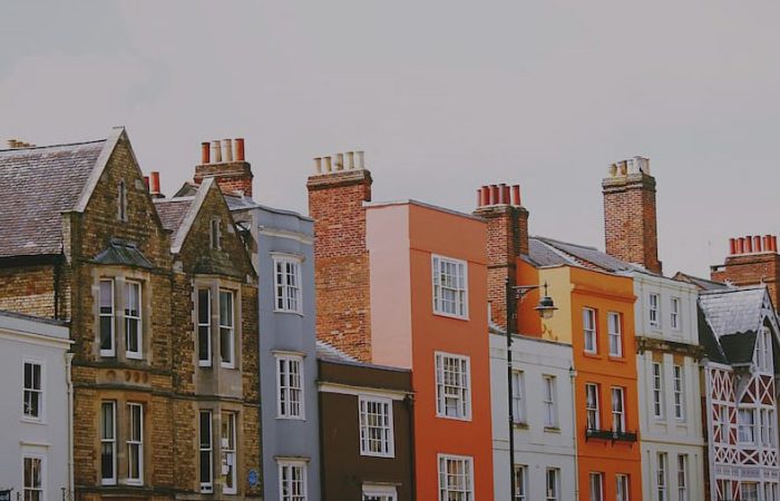 Row of colourful terraced townhouses