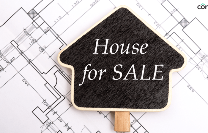 House for Sale sign graphic on a blueprint background