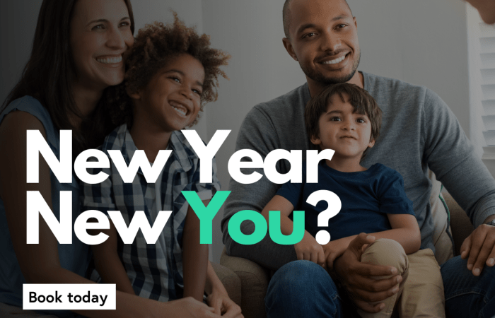 Family portrait with text: New Year, New You?