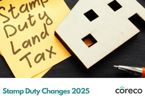 Sticky note reading Stamp Duty Land Tax, with Stamp Duty Changes 2025 graphic