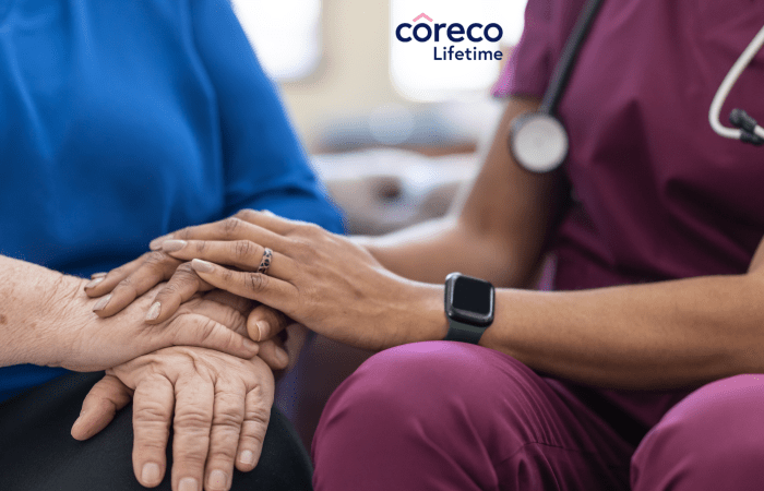Coreco Lifetime hands holding gesture, close-up