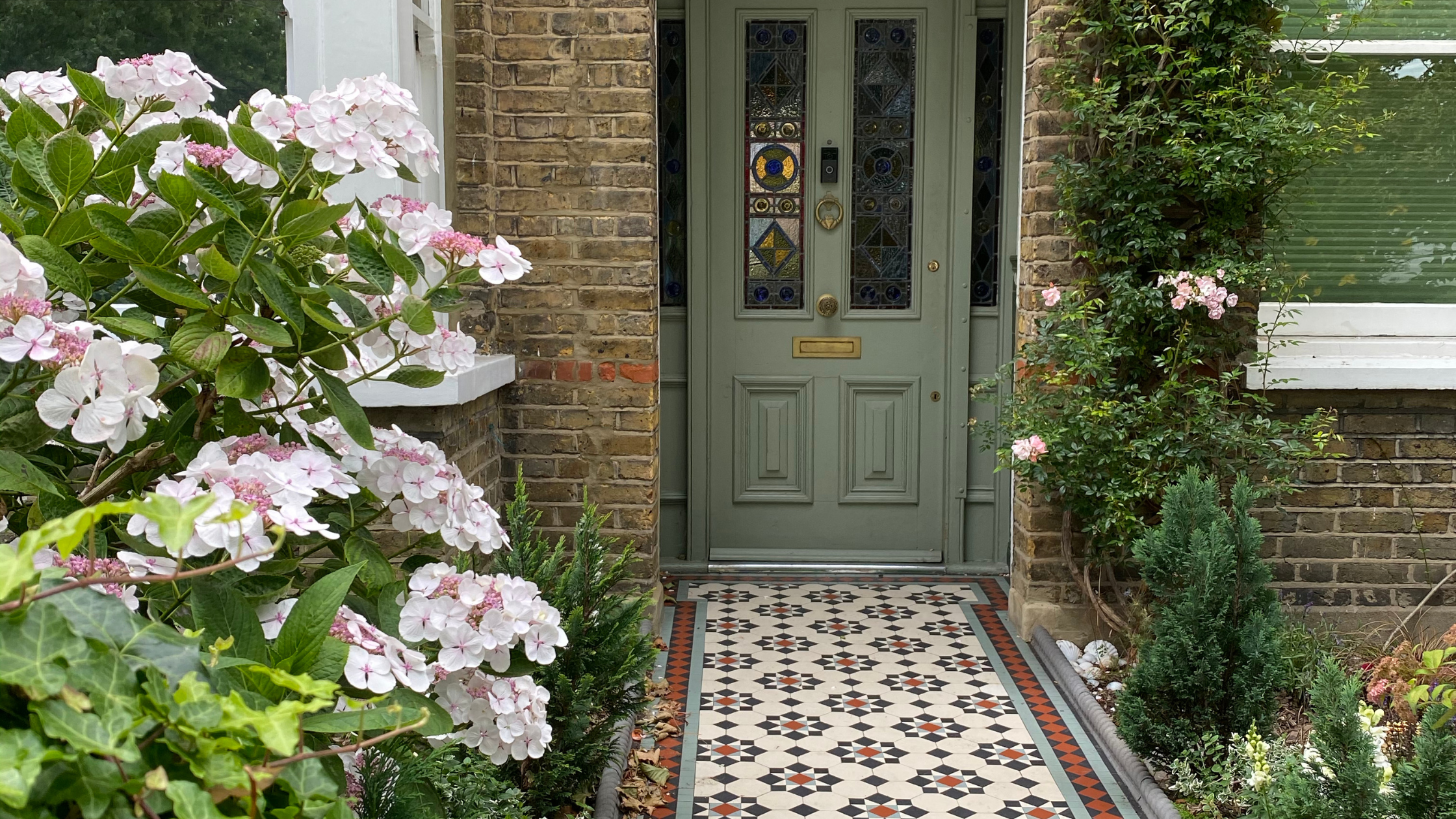 Green front door with a flowering plant