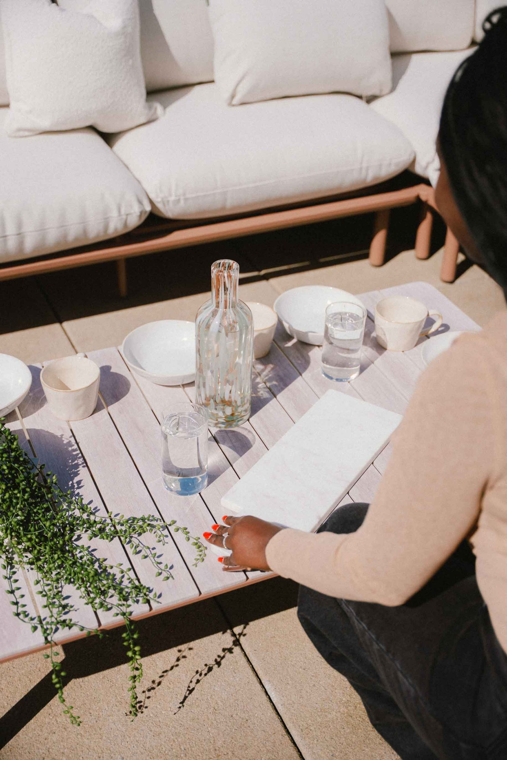Table set with wine glasses for outdoor dining