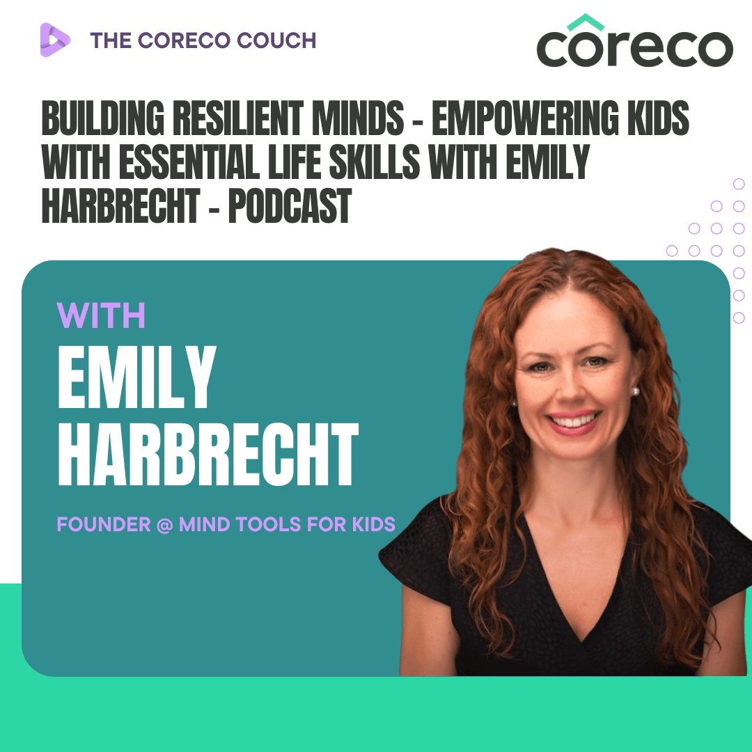 The Coreco Couch podcast graphic featuring Emily Harbrecht discussing essential life skills